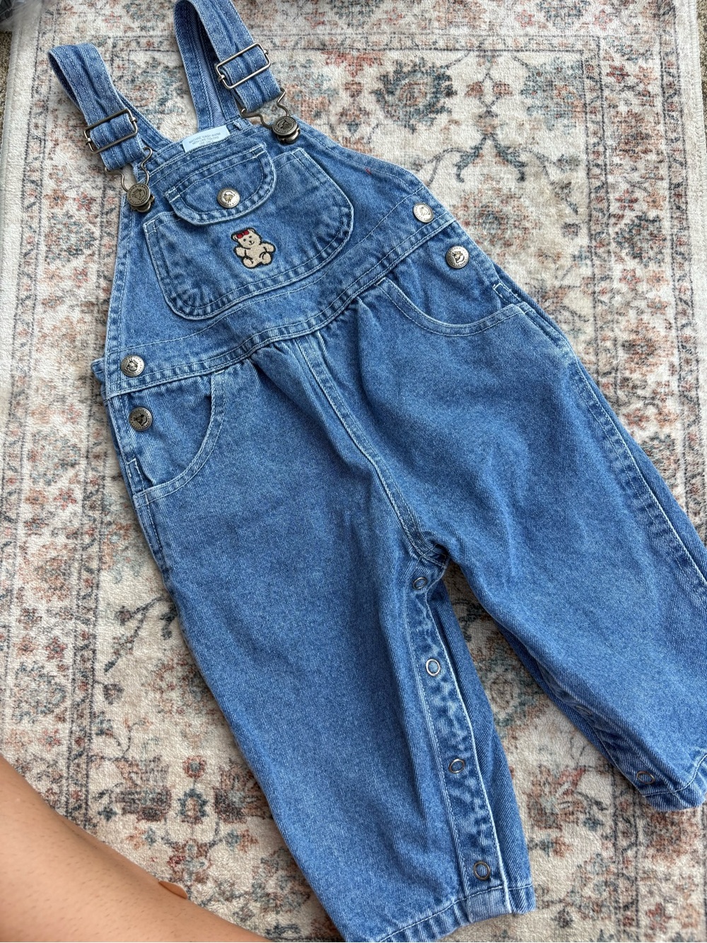 Vintage Baby Girls Arizona Jean Co Overalls Blue Denim With Bear Embroidery